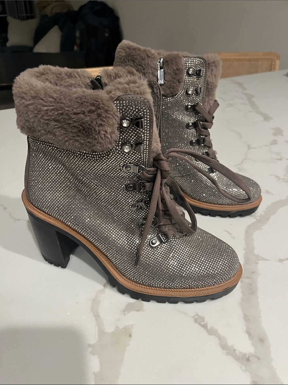 Jennifer Lopez Metallic Taupe Lace-Up Fur Collar Heeled Boots